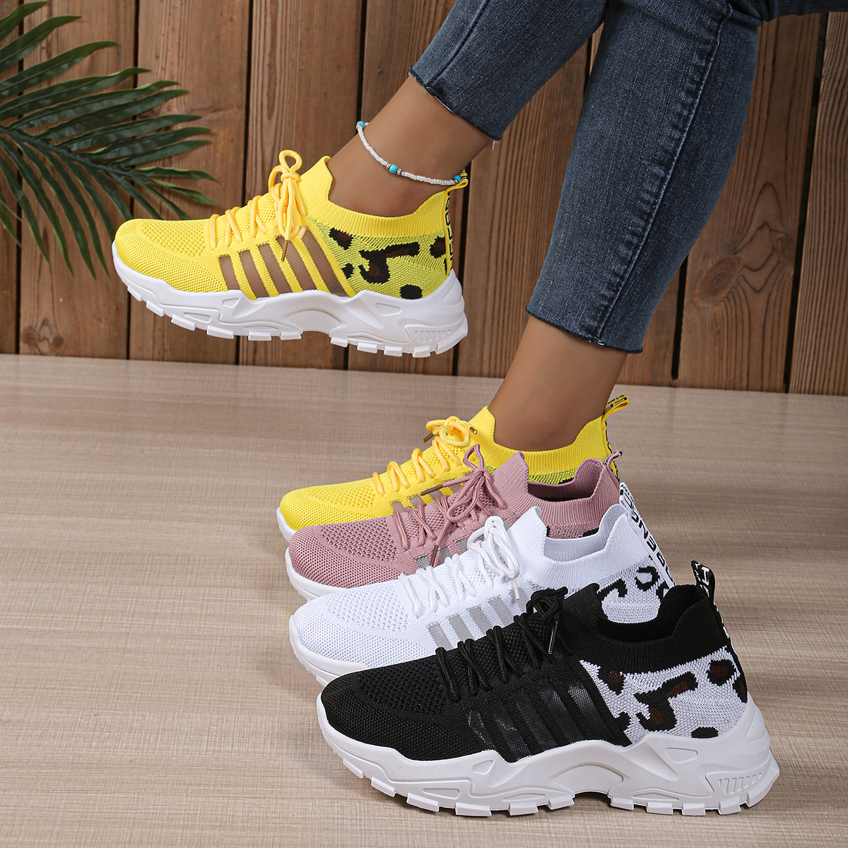 Running Shoes Lightweight - Leopard Print Knit Women's Sneakers Breathable