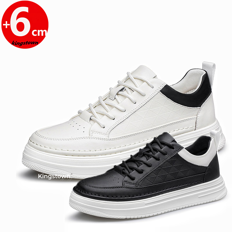 Men'S Shoes Black And White - Men Leather Platform Sneakers Height Increasing